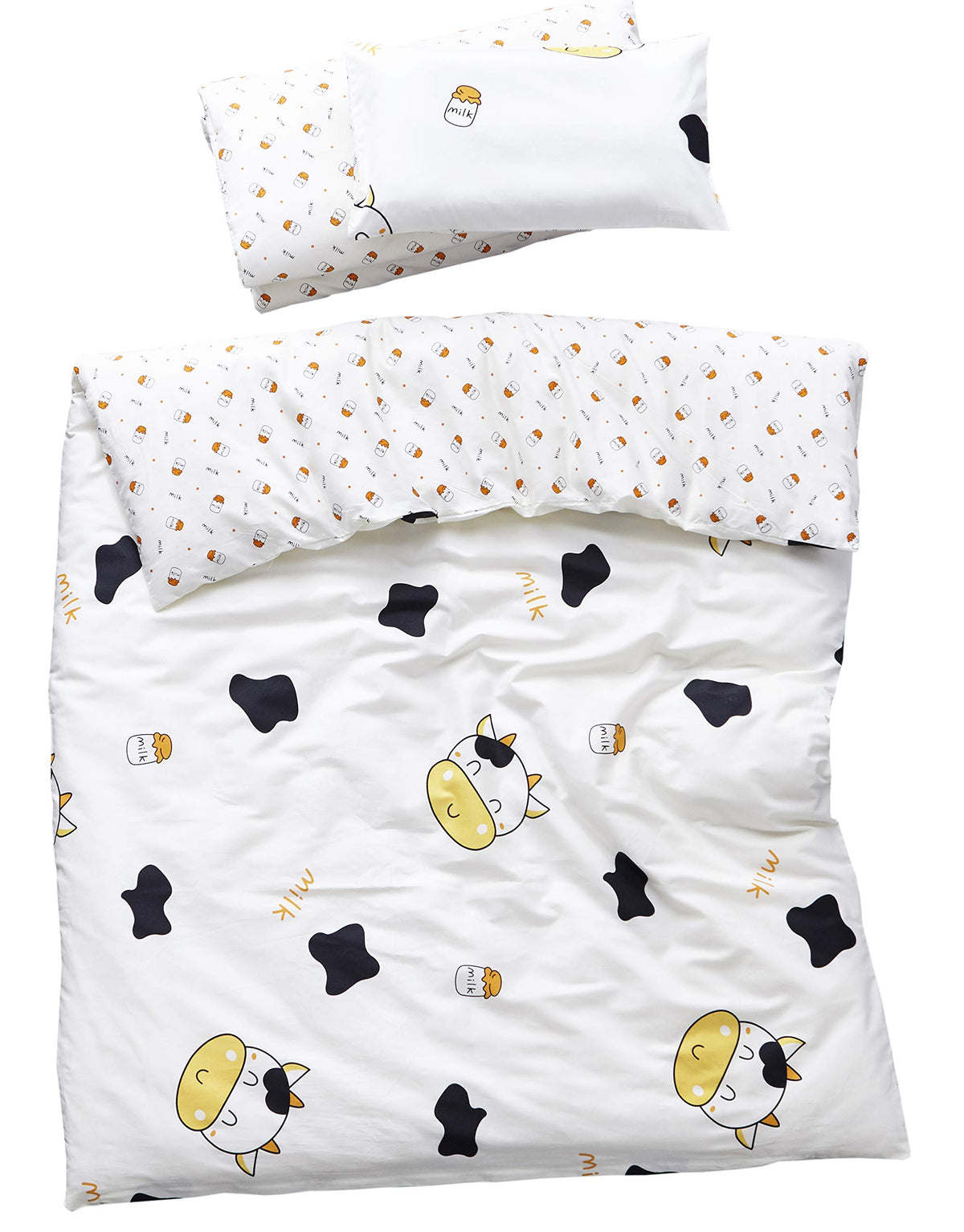 MEJU cow milk bottle duvet cover front view with cartoon design for kids' bedding