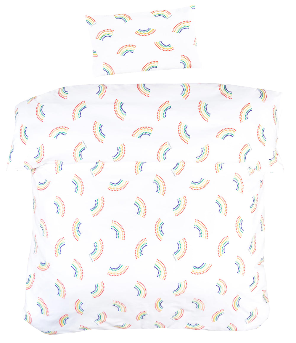 MEJU Dot Rainbow pillowcase close-up emphasizing breathable fabric for kids' restful sleep.