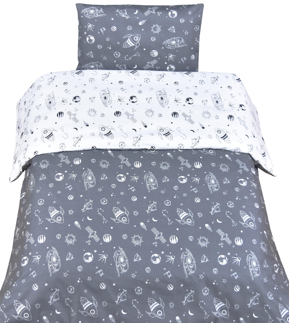 MEJU Rocket Planet cartoon-design close-up showcasing soft cotton fabric ideal for all-season nights.