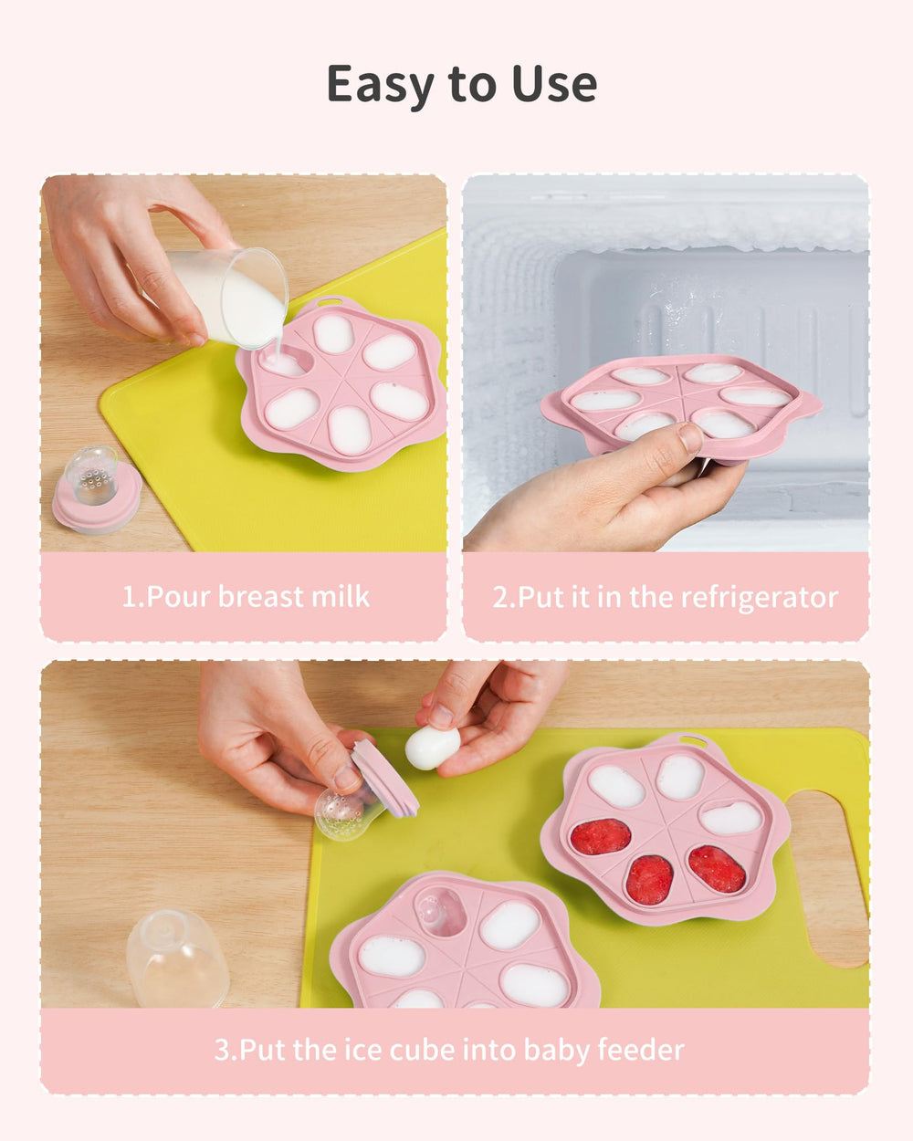 Melican pink color packaging helps families identify their feeding set quickly.