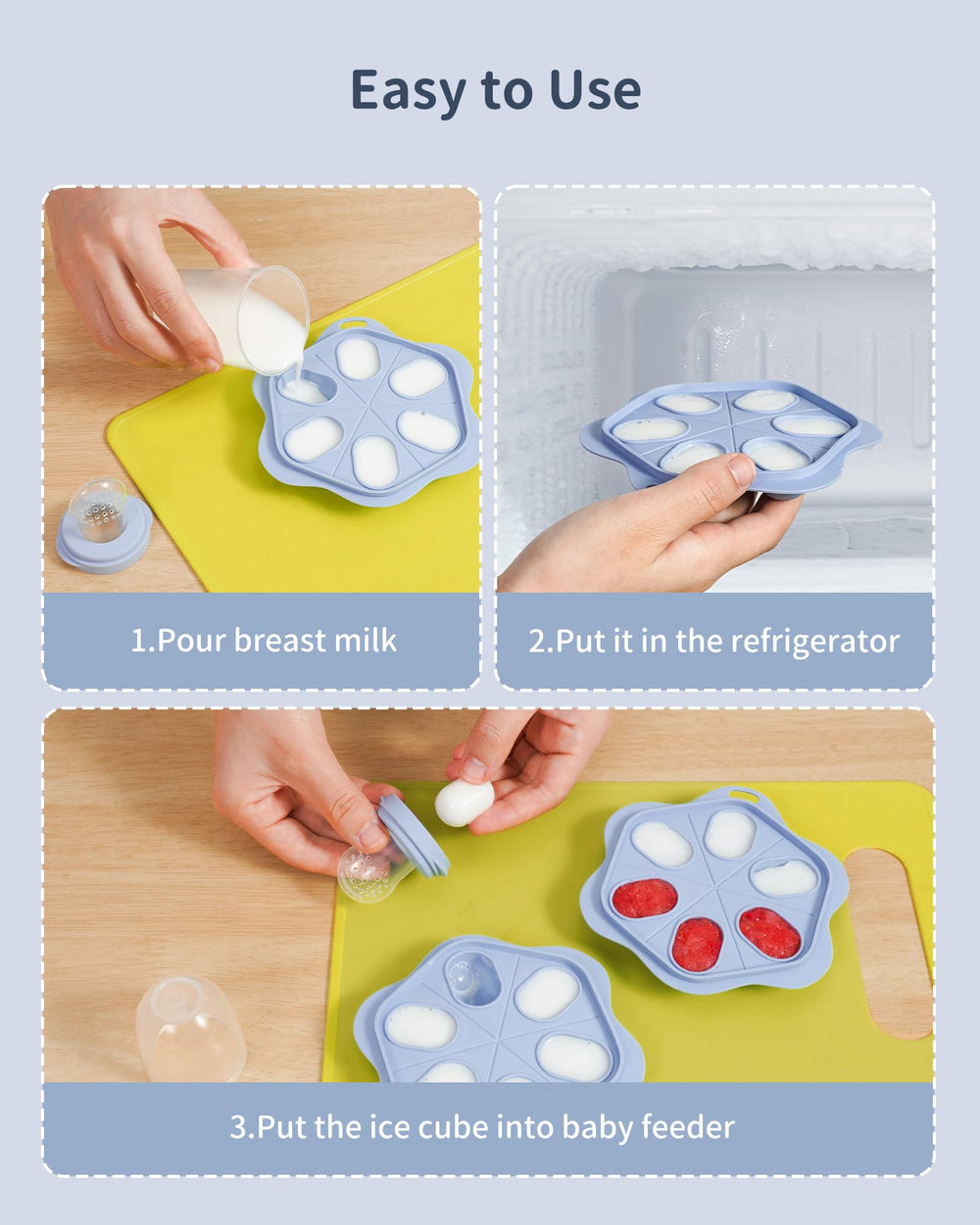 Melican pouch with 2mm holes enables safe, small-piece feeding.