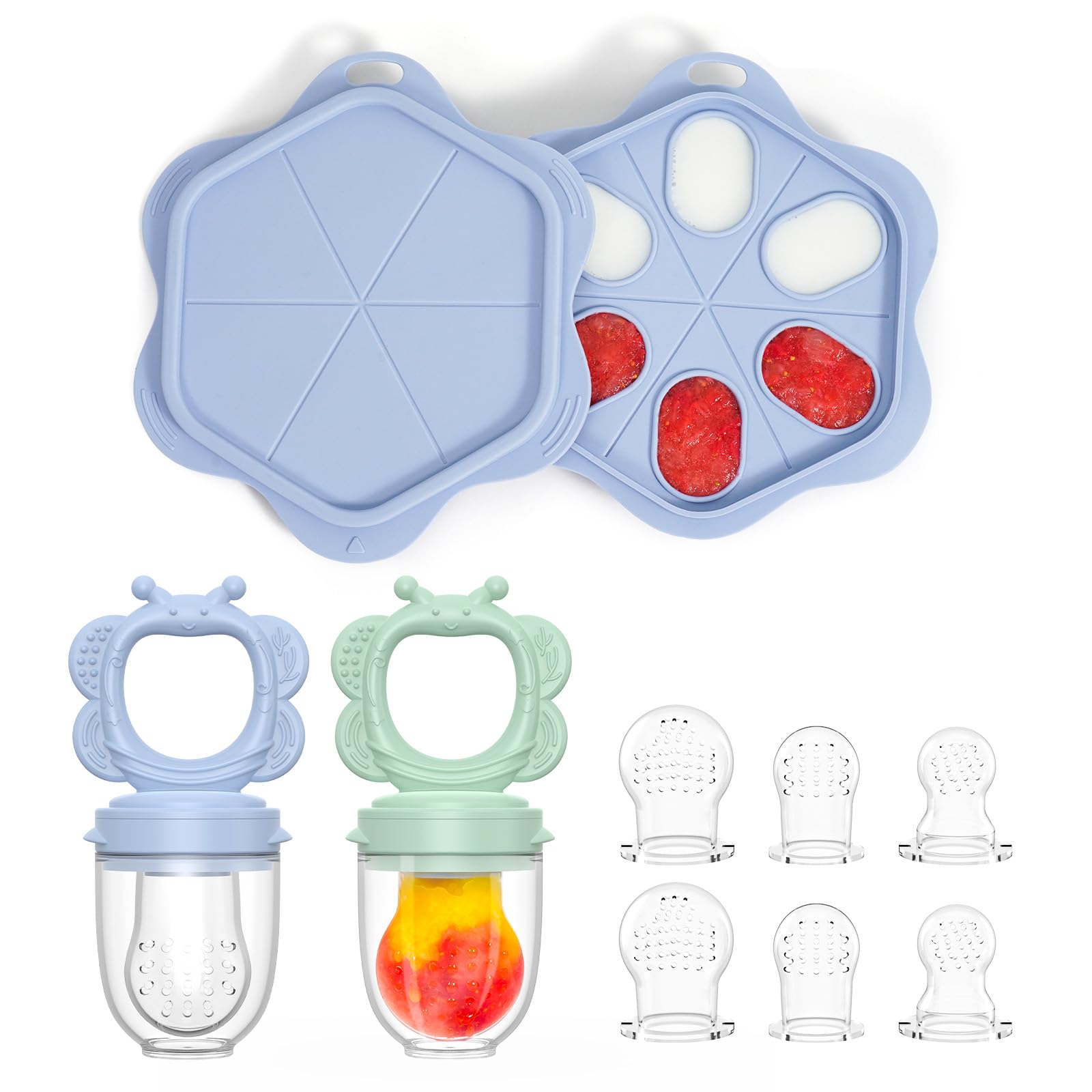 Melican silicone baby feeder with pouch pack emphasizes safe self-feeding for curious eaters.