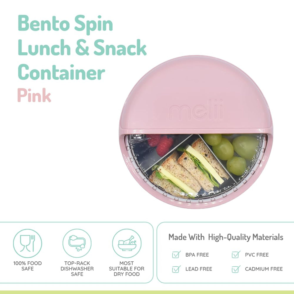 melii Bento Spin four-compartment layout supports varied snacks and easy portion control.