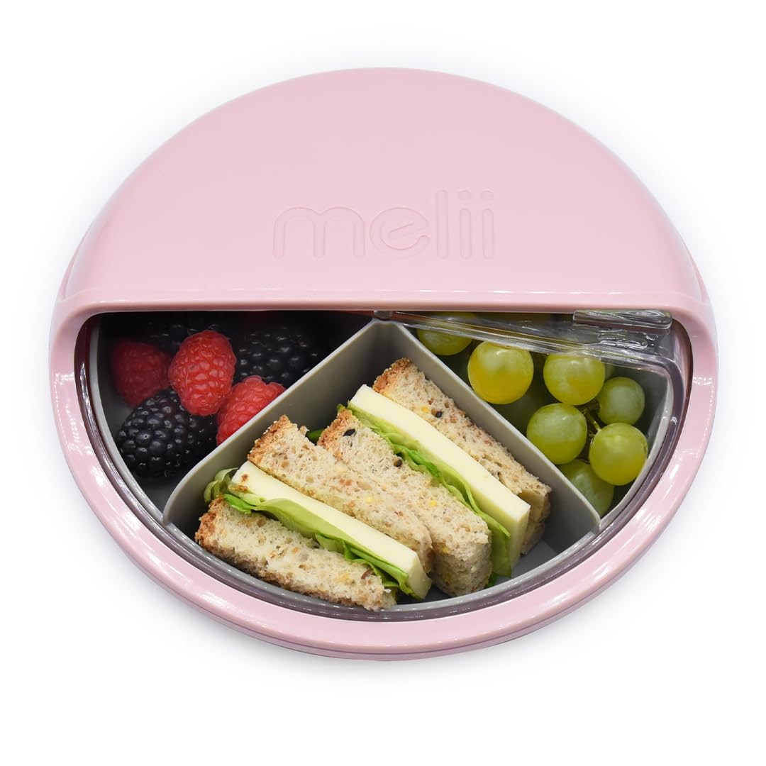 melii Bento Spin pink lid demonstrates easy opening for kids and independent snack access.