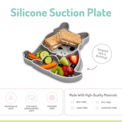 melii divided silicone suction plate on a high chair demonstrates secure suction for mess-free meals.