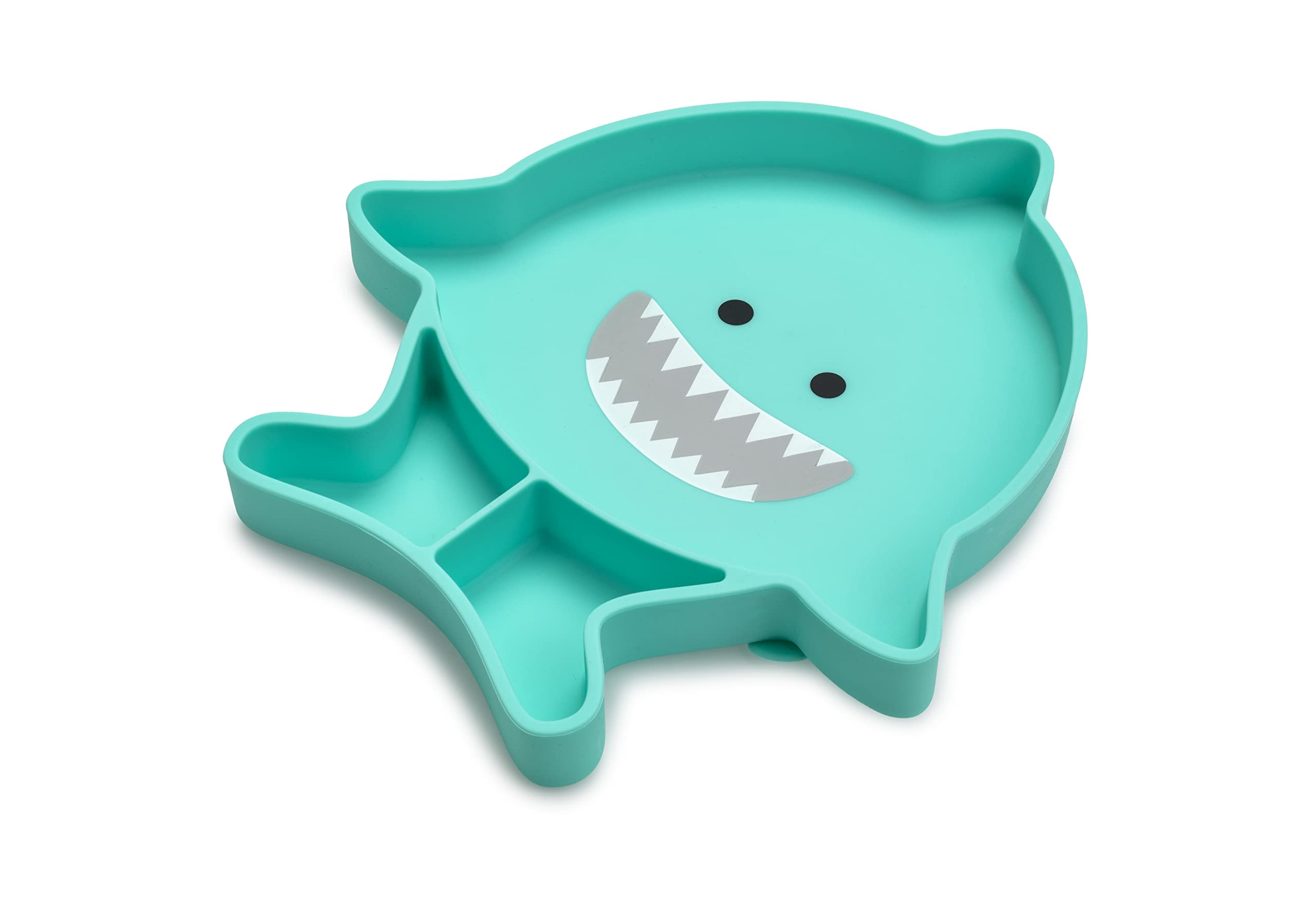 Melii divided silicone suction plate shark hero shows secure suction for mess-free feeding