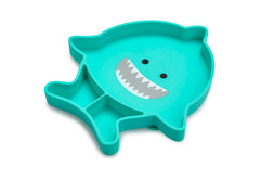 Melii divided silicone suction plate shark hero shows secure suction for mess-free feeding