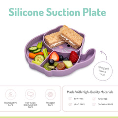 Divided sections on the Melii plate to portion foods for baby-led weaning and textures.