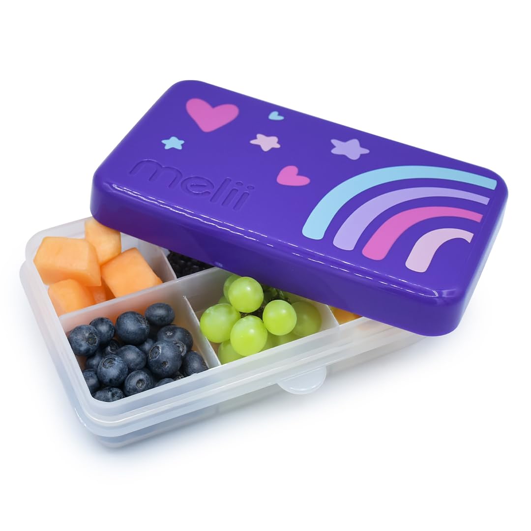 melii Mini Snackle Box with lid open shows six compartments for organized, kid-friendly snacks.