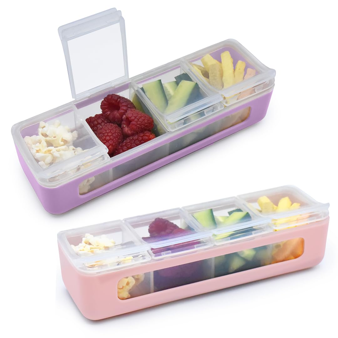 The melii Snackle Box with pink lid offers four compartments for organized kids’ snacks.