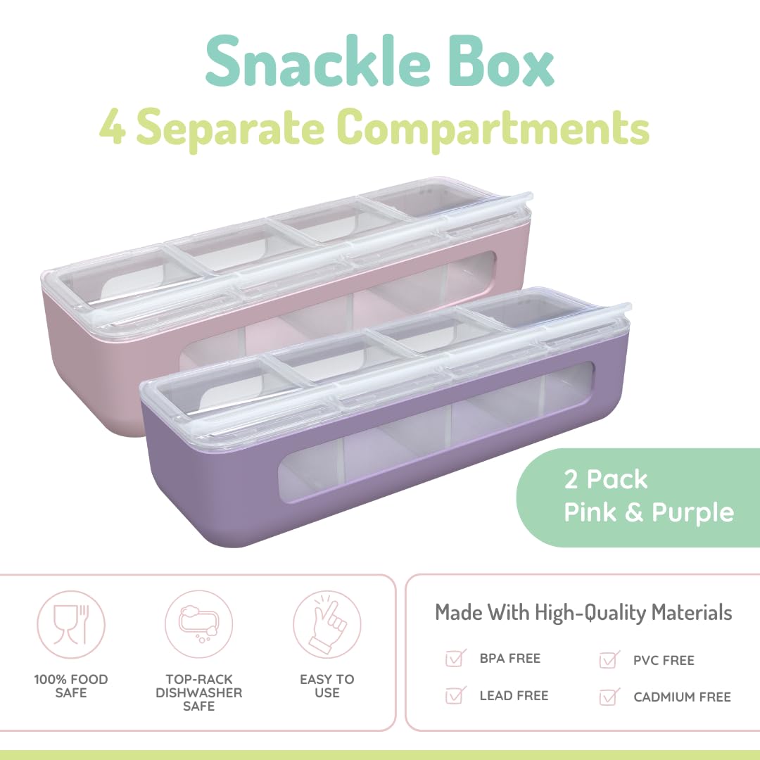 The melii Snackle Box with purple lid highlights divided snacks for varied lunches.