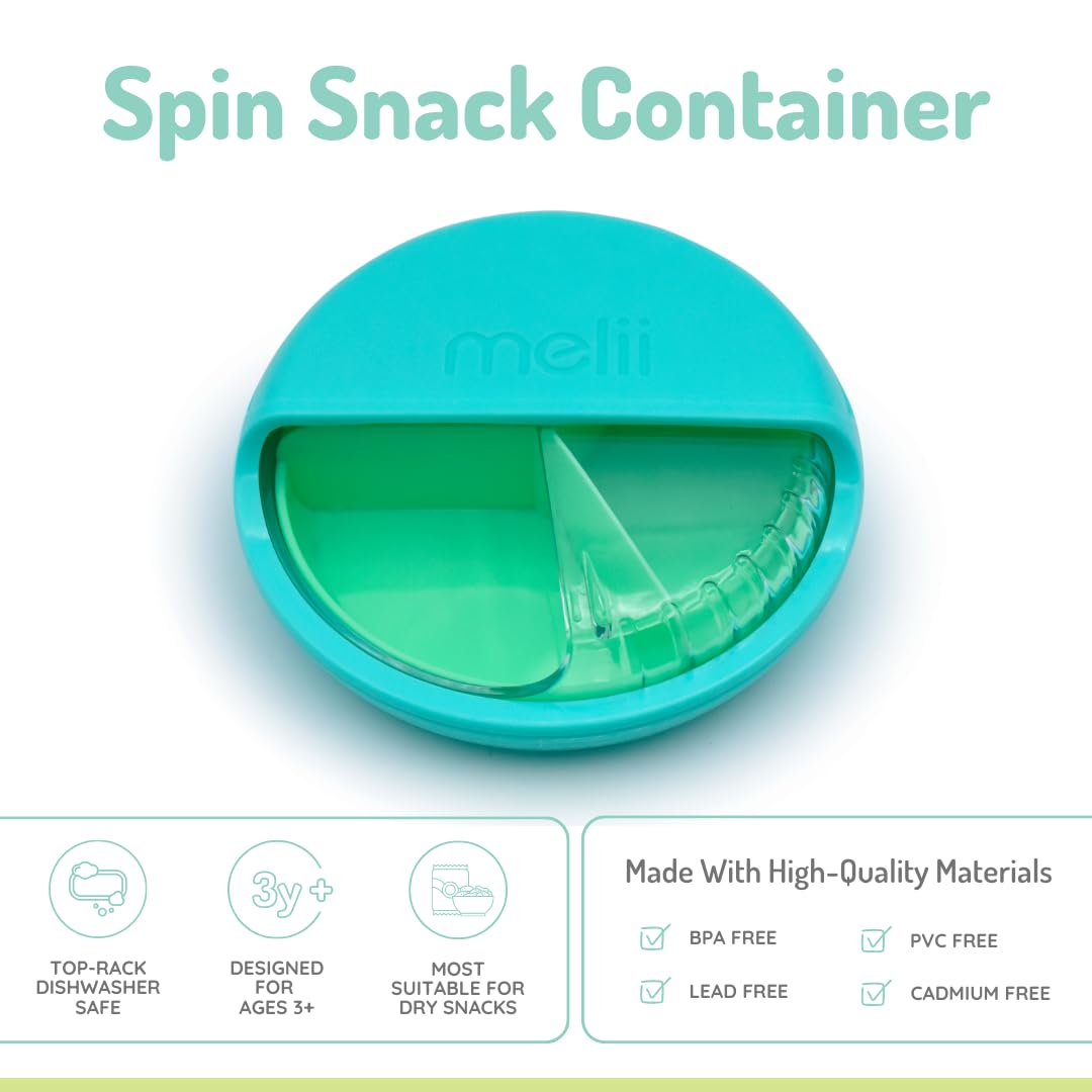 melii Spin Snack Container blue compartments showcase organized, portion-controlled snacks.
