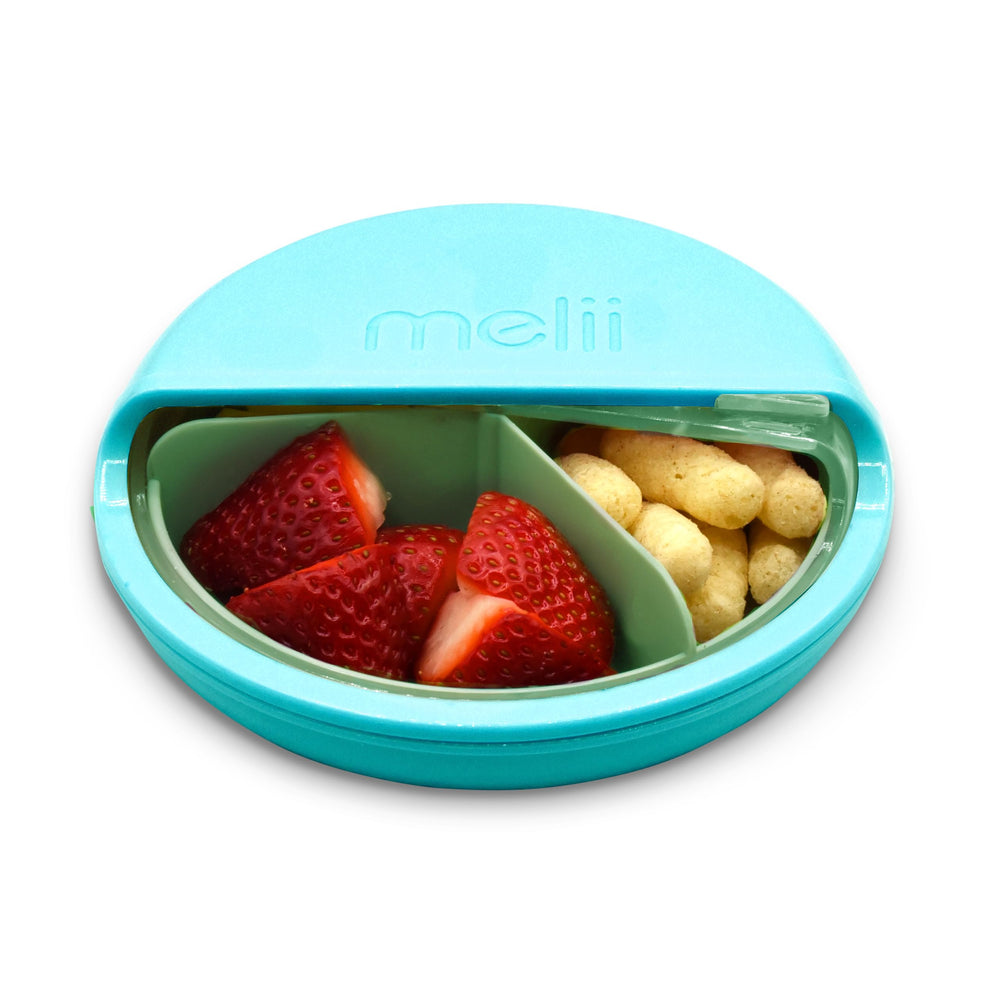 melii Spin Snack Container blue front view for on-the-go snacking.