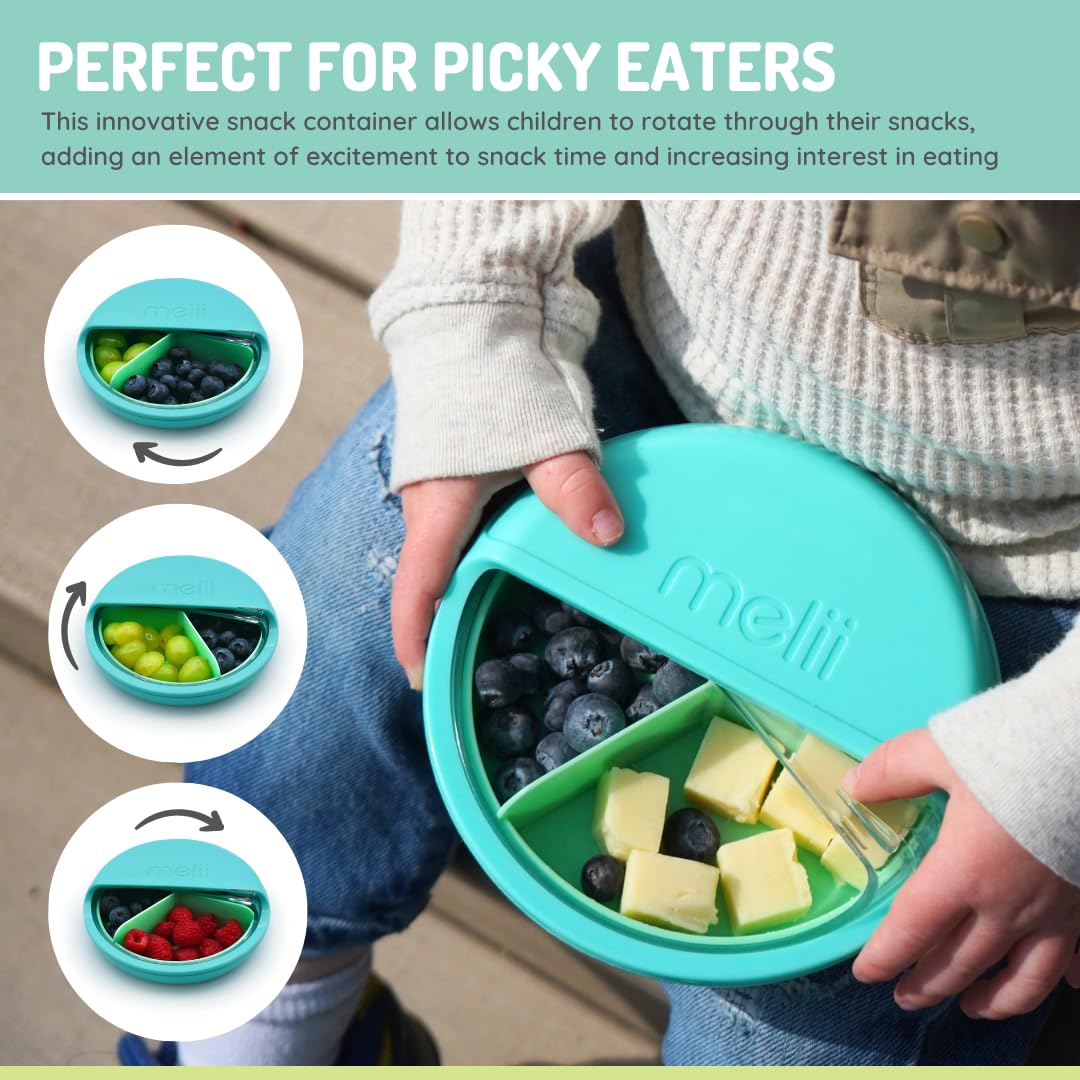 melii Spin Snack Container blue-safe-materials highlights BPA-free and PVC-free construction.