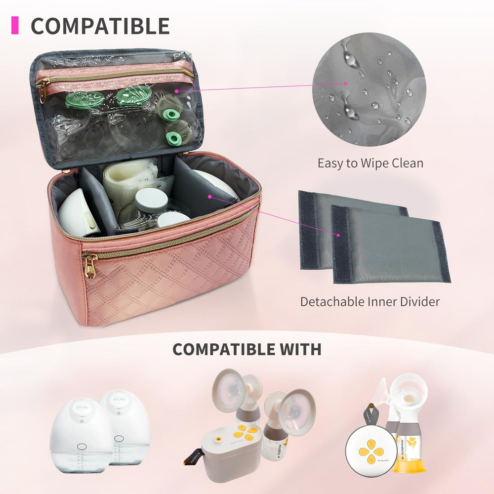 MELINON wearable pump bag detachable dividers illustrate easy separation of pumps and accessories.