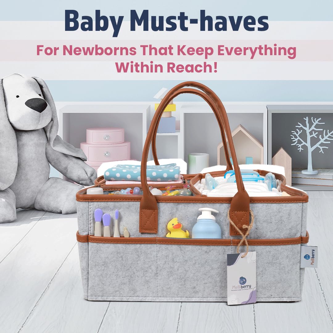Melliberry diaper caddy with leather accents for premium style