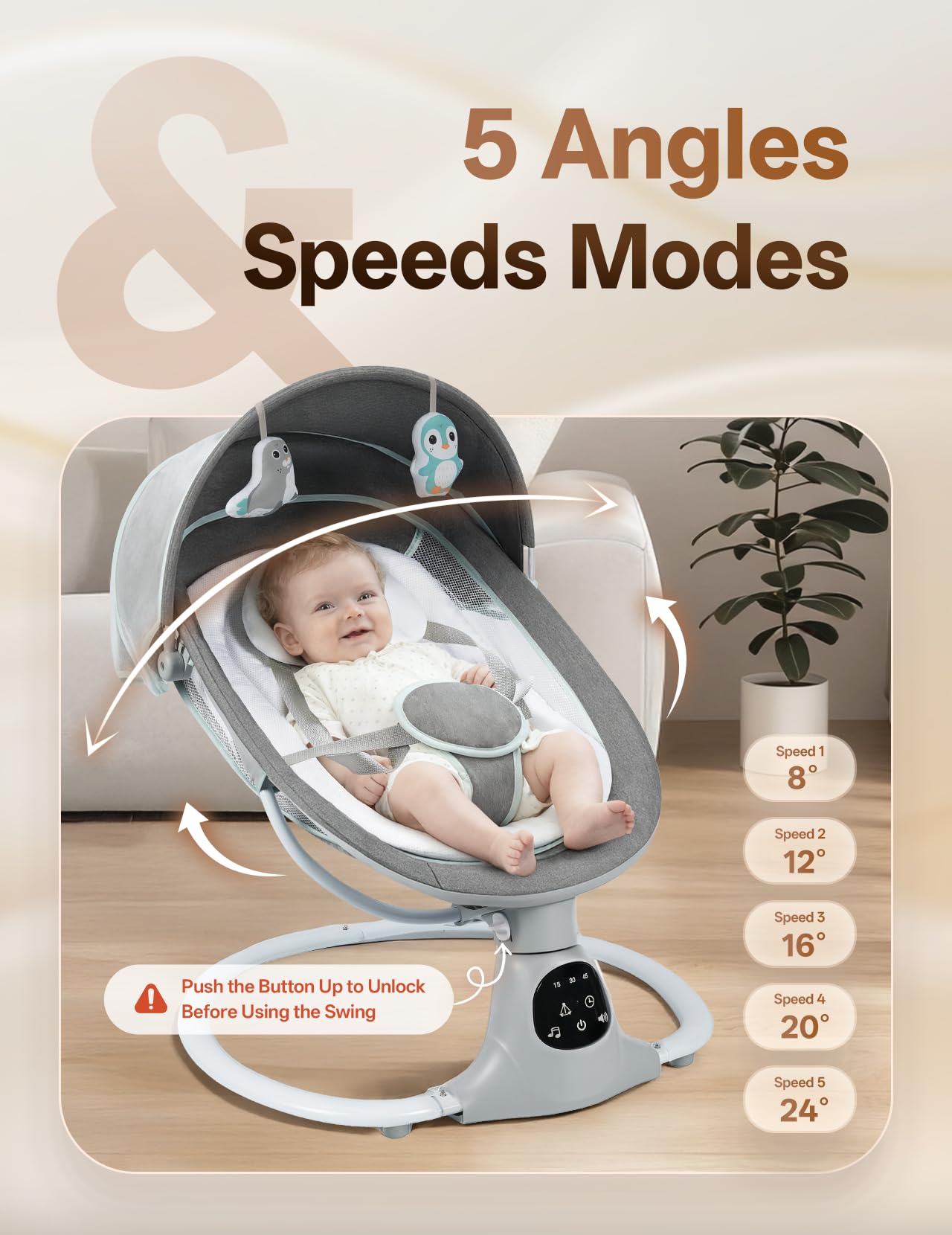MelloBubbz electric baby swing five-point harness ensures secure, comfortable seating.