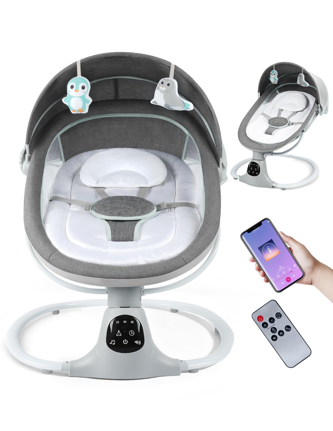 MelloBubbz electric baby swing grey frame for safe soothing moments.