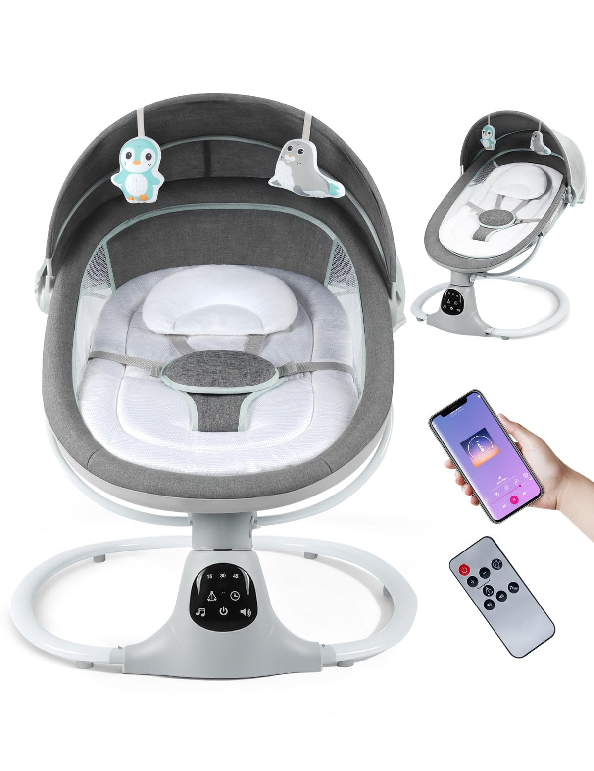 MelloBubbz electric baby swing grey frame for safe soothing moments.