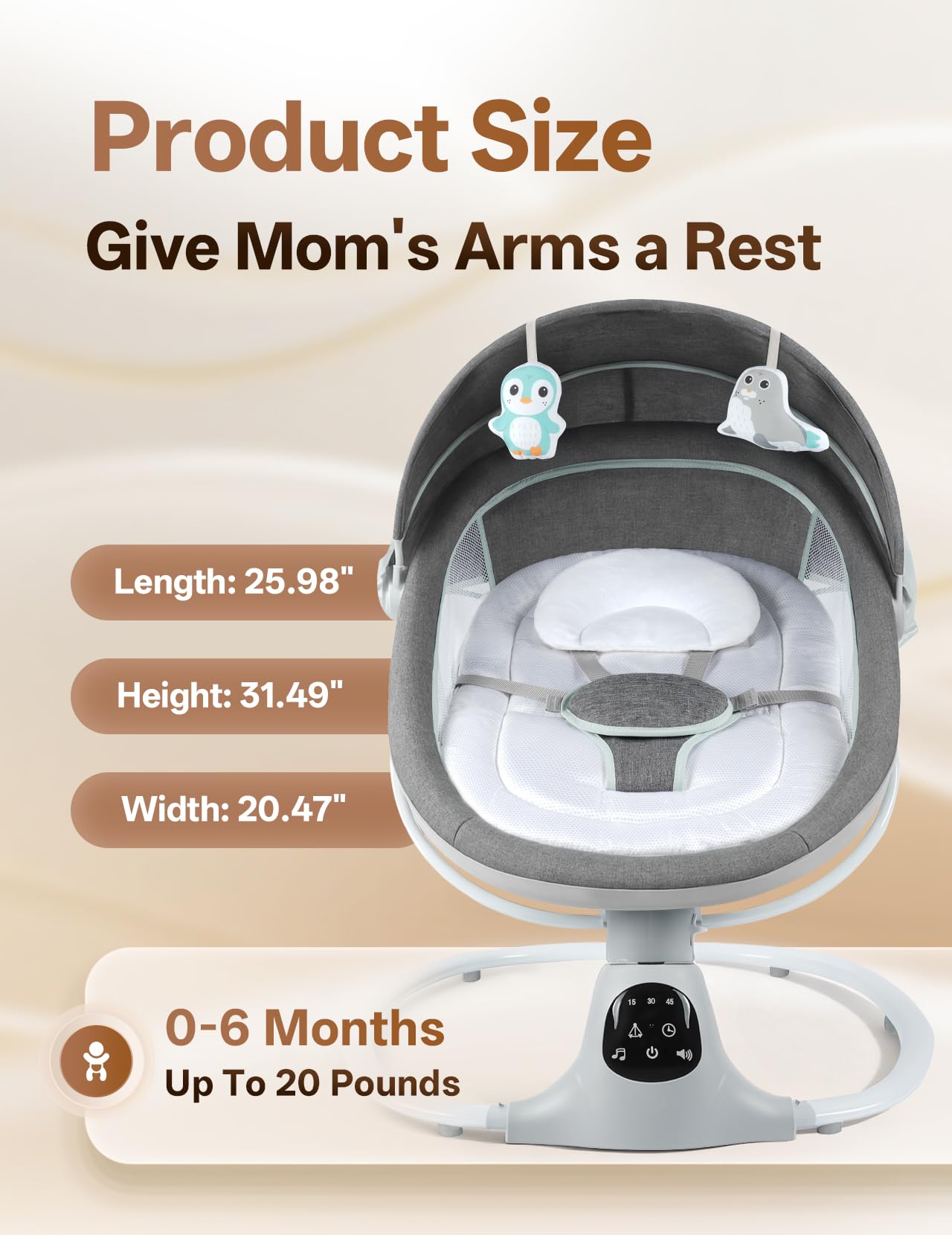 MelloBubbz electric baby swing compact, portable dimensions for indoor and outdoor use.