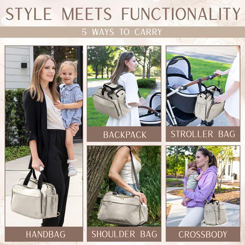 Mellories diaper bag backpack-convertible demonstrates hands-free carrying for busy days