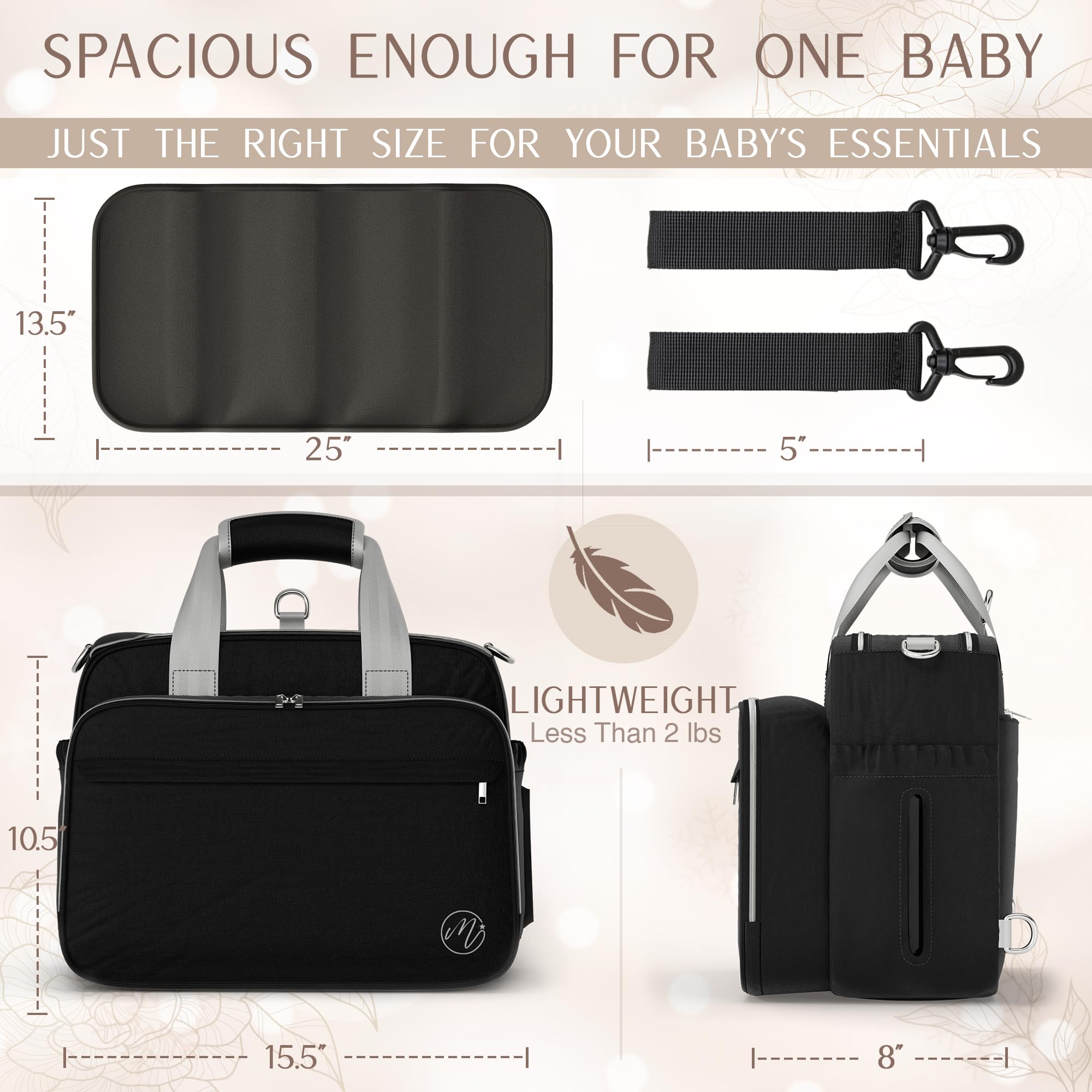 Mellories diaper bag tote with stroller straps adjusted for compatible travel.