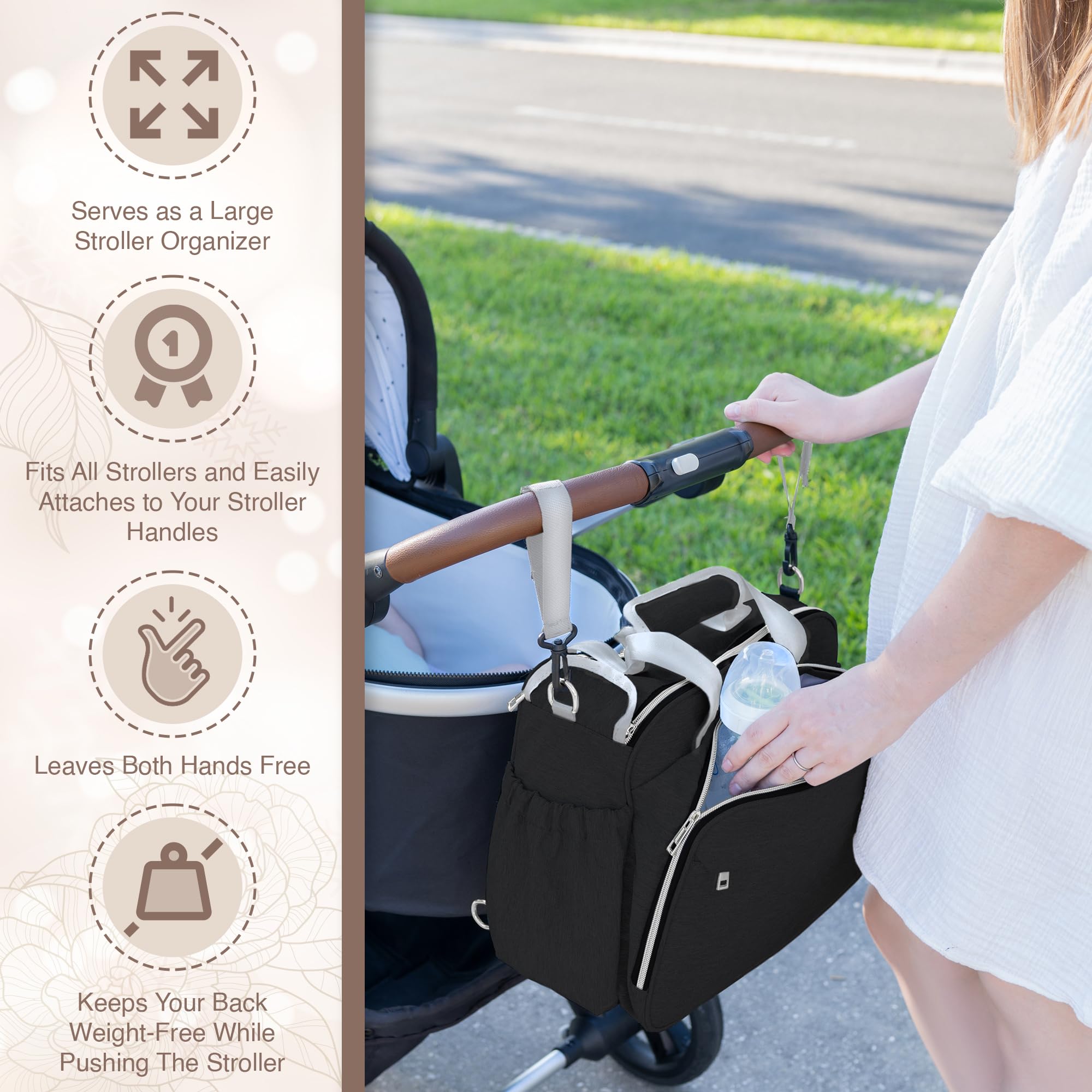 Mellories bag interior with multiple compartments for organized baby gear.