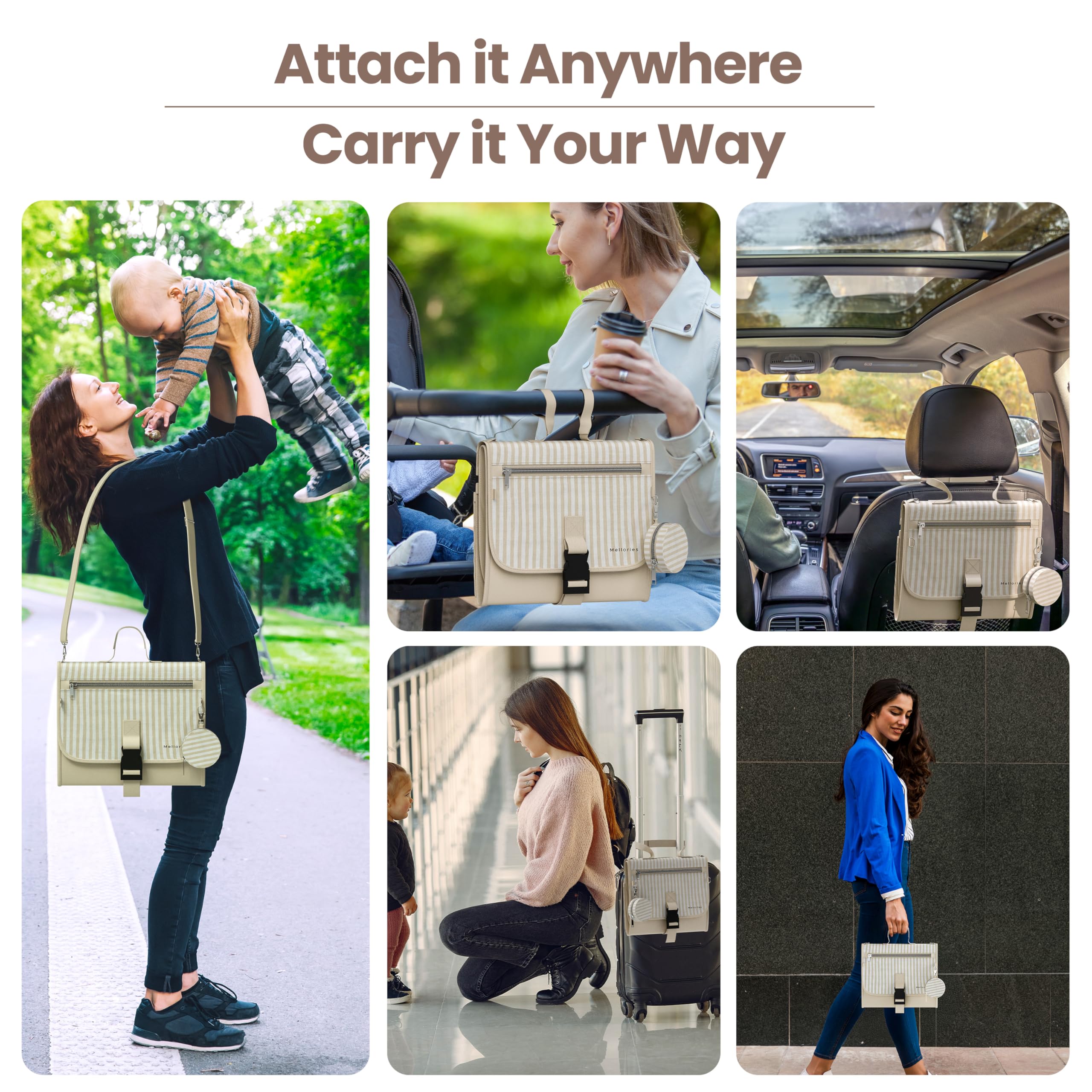 Mellories strap system enables crossbody, shoulder, or stroller carrying for hands-free use.