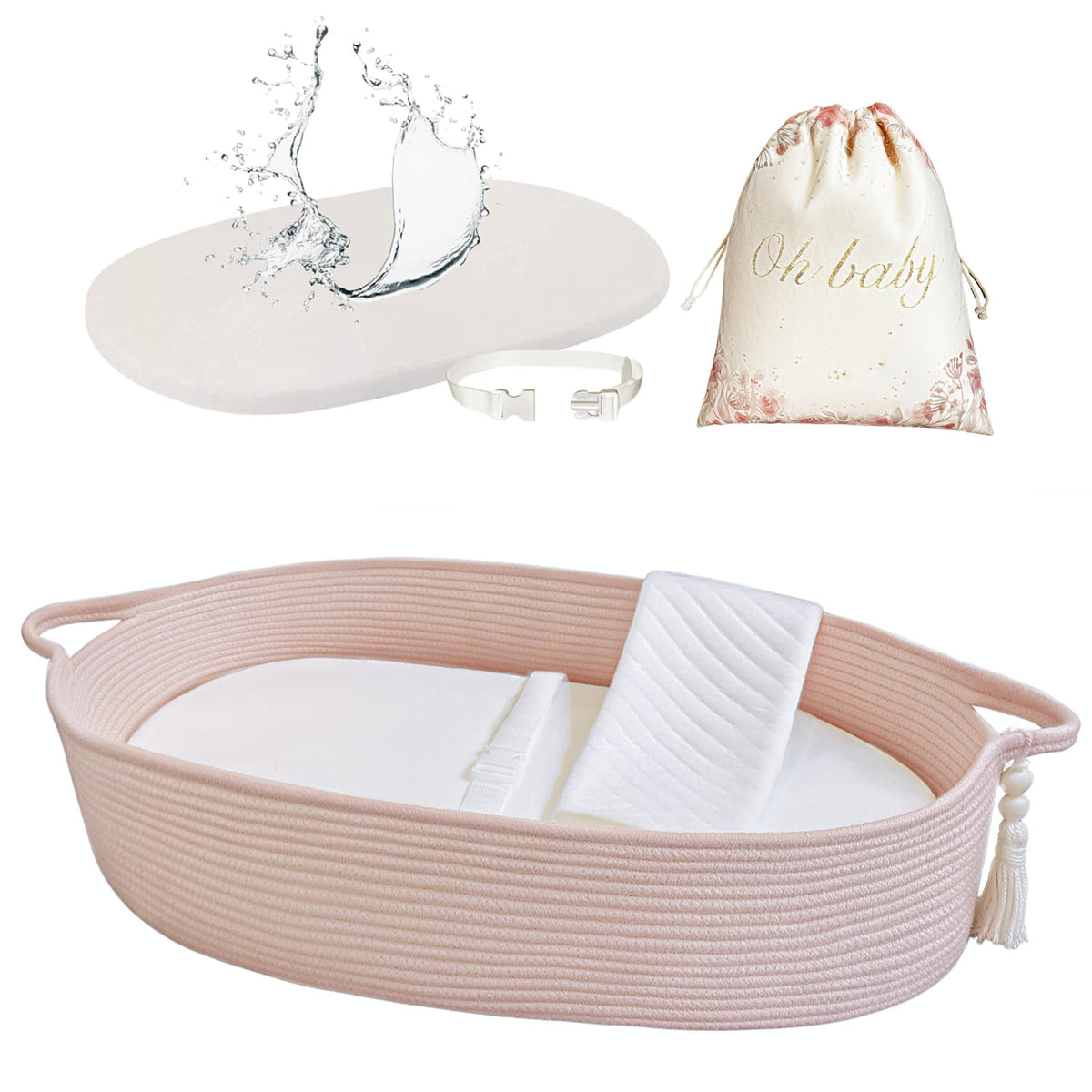 meloom baby-changing-basket-pink showcases a cozy cotton surface for safe newborn changes.