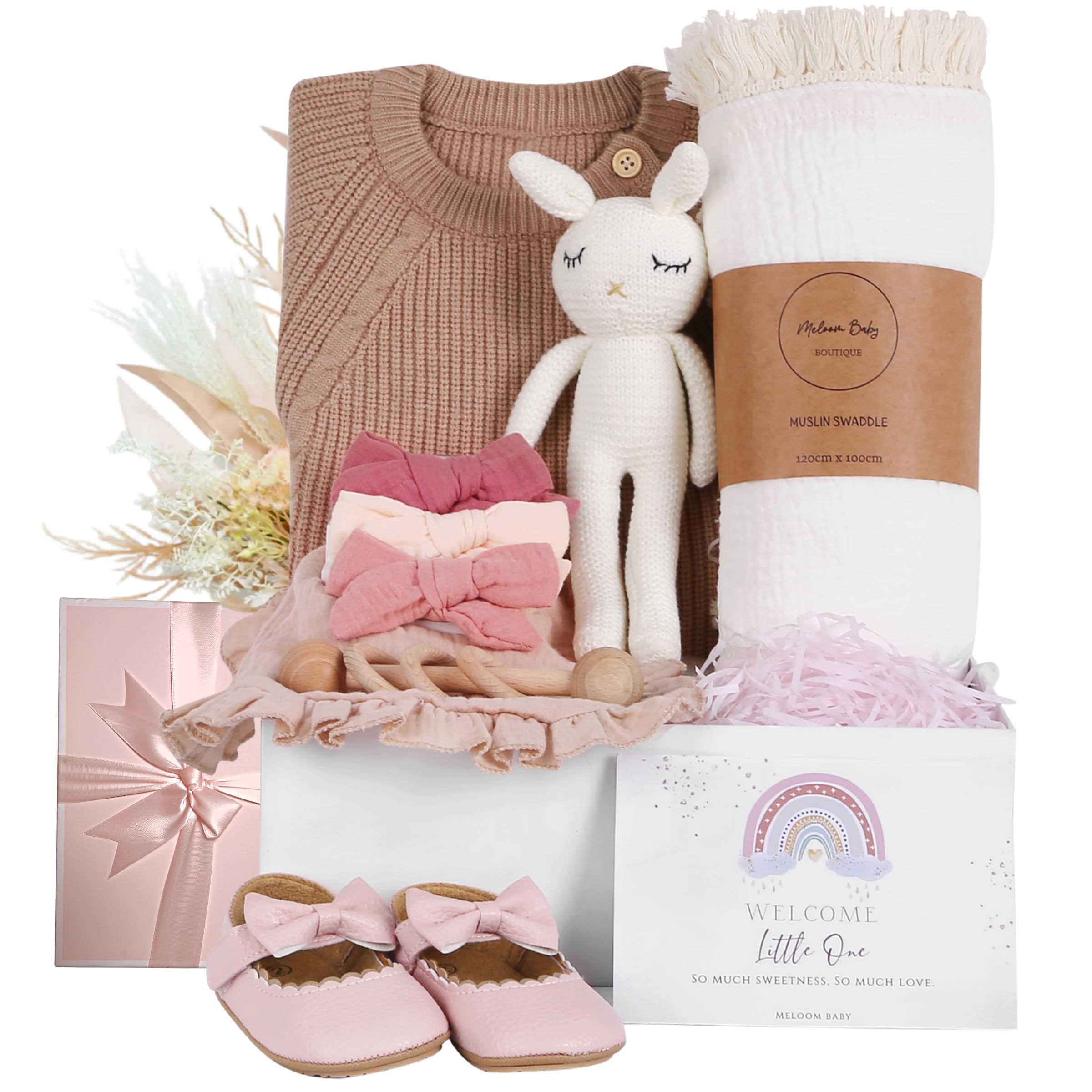 meloom deluxe baby girl gift box wrapped, elegant presentation for newborn gifts