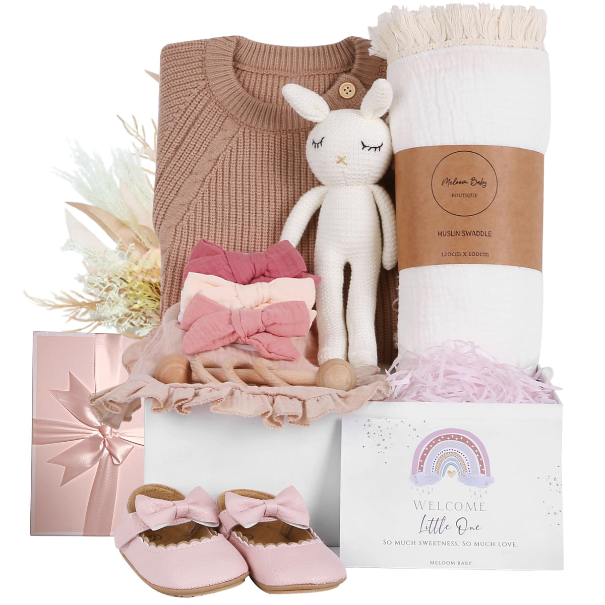 meloom deluxe baby girl gift box wrapped, elegant presentation for newborn gifts
