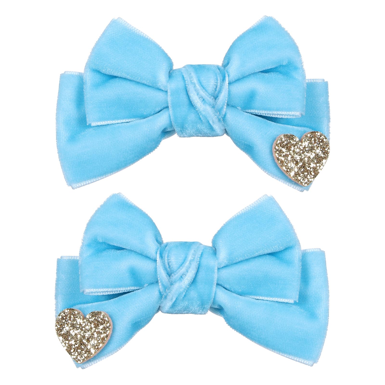 Melyde blue velvet hair bow with heart pattern for stylish everyday wear.