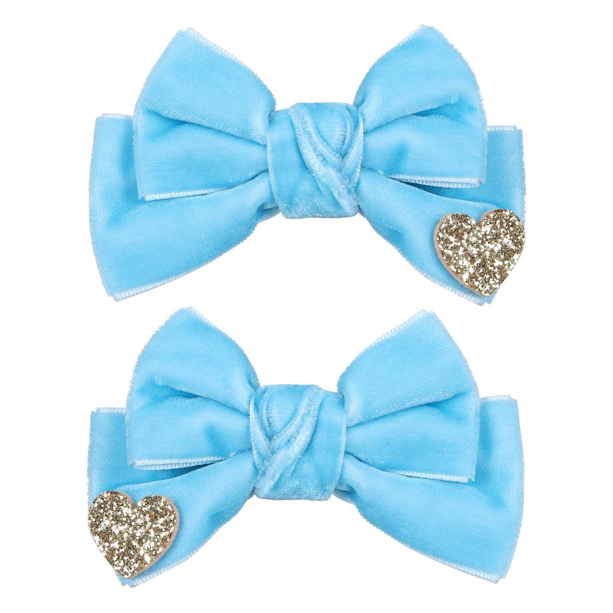 Melyde blue velvet hair bow with heart pattern for stylish everyday wear.