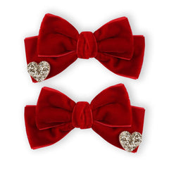 Melyde red velvet hair bow heart-pattern closeup for stylish daily wear