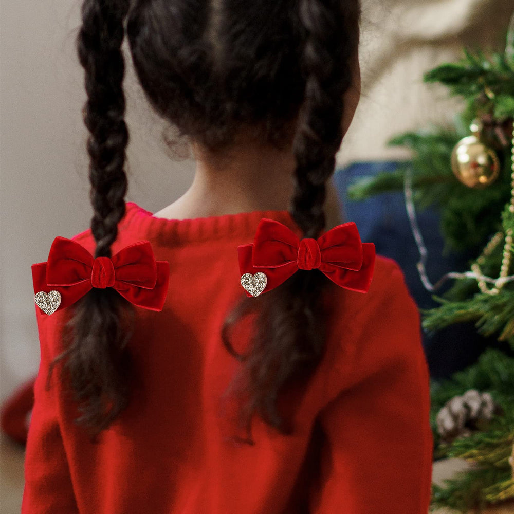 Melyde red velvet hair bow on child shows versatile outfit pairing
