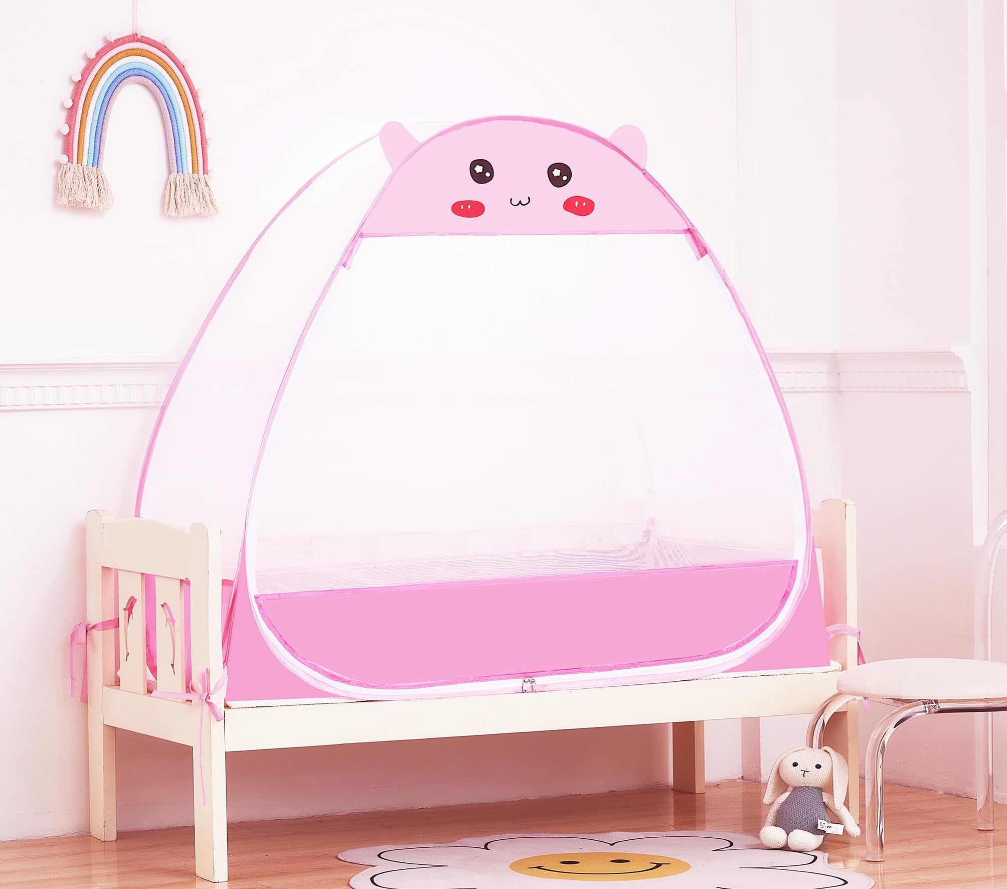 Mengersi pink crib tent packaging and weight details for travel planning.