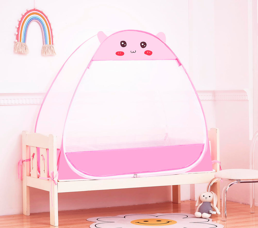Mengersi pink crib tent packaging and weight details for travel planning.