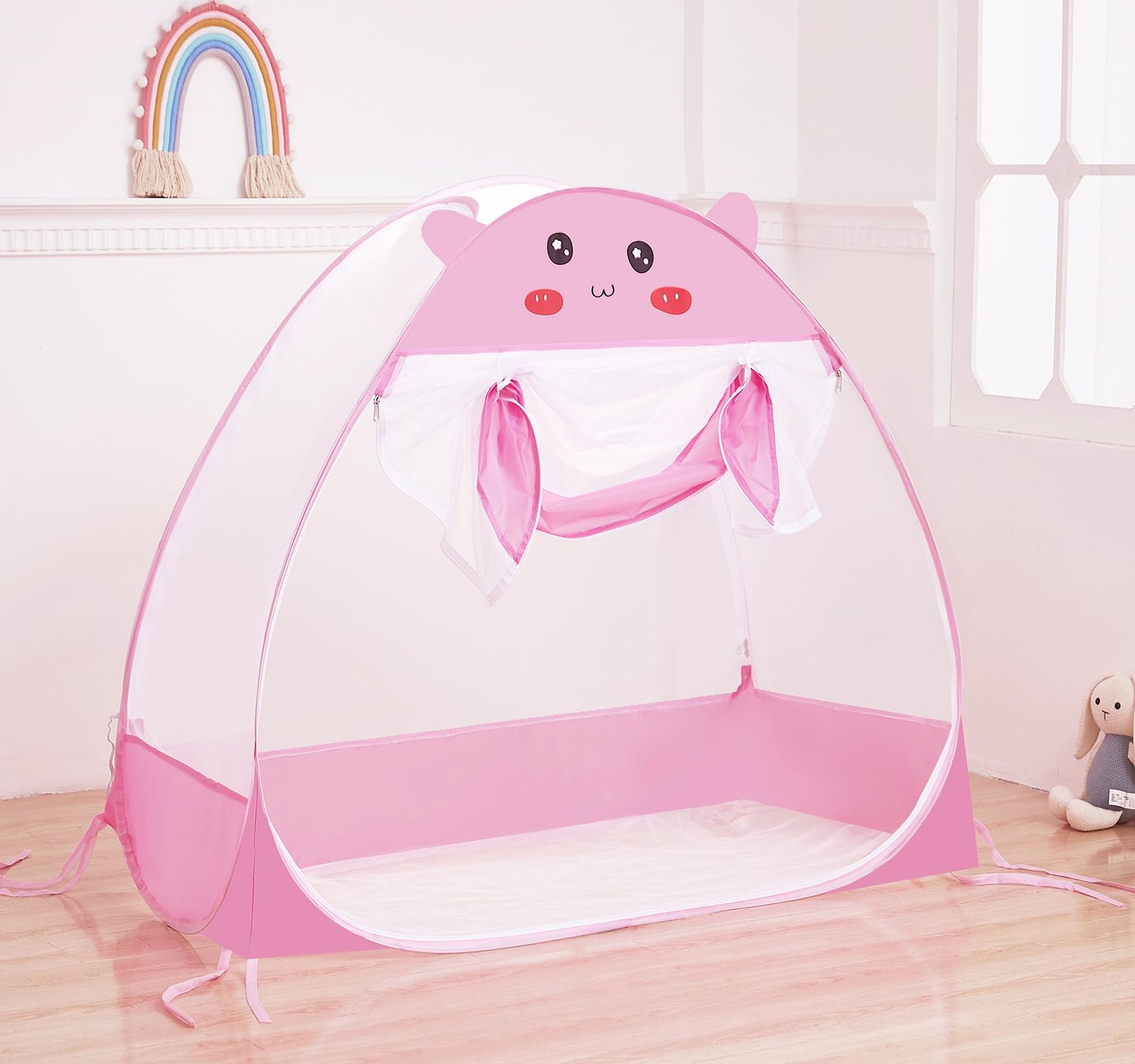 Mengersi pink canopy enables restful naps indoors or outdoors.
