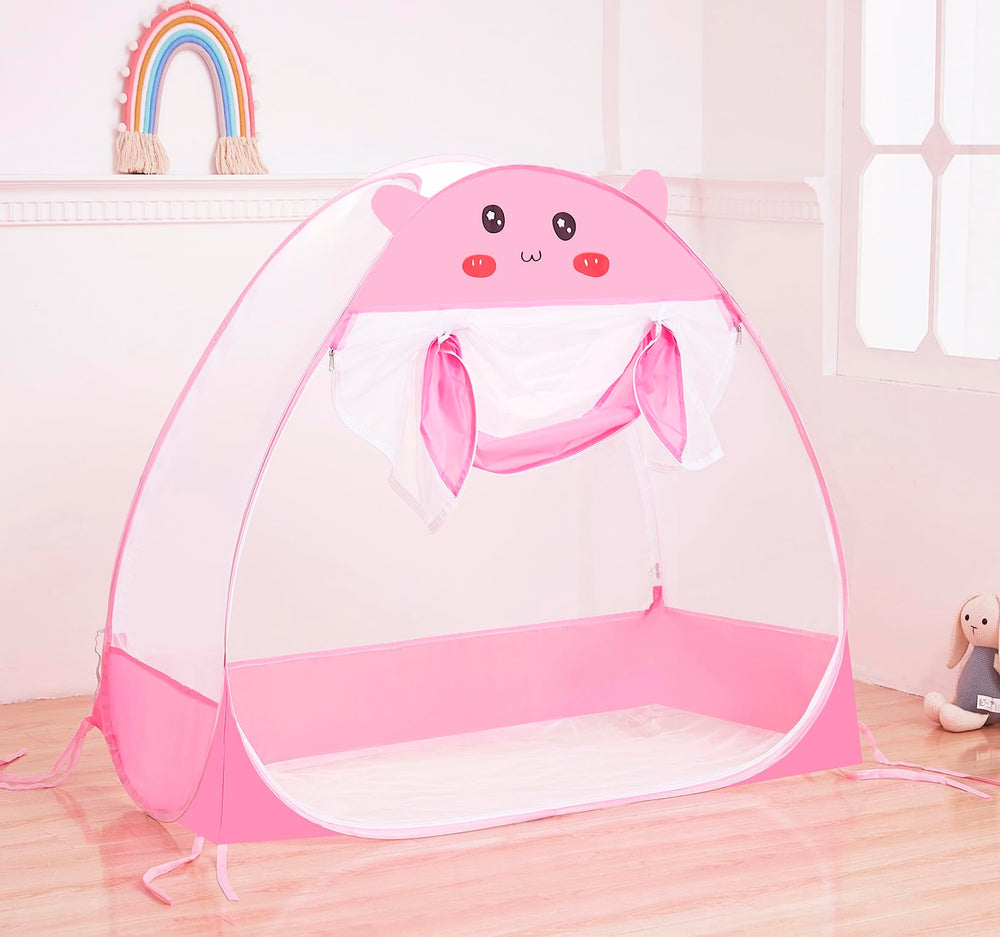 Mengersi pink canopy enables restful naps indoors or outdoors.
