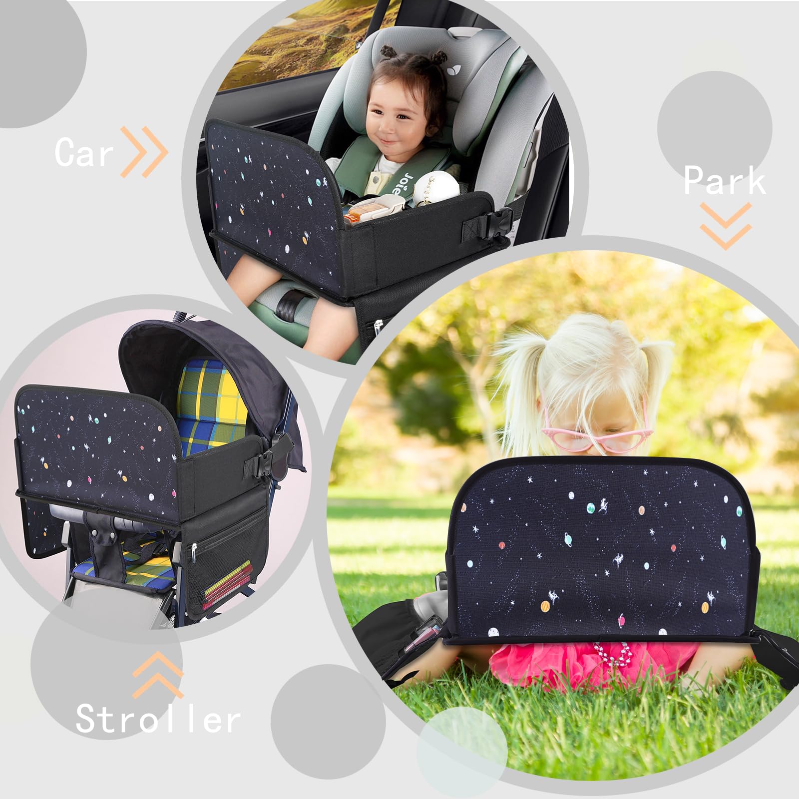 MENZOKE car seat-compatible tray fits boosters for versatile road trips.