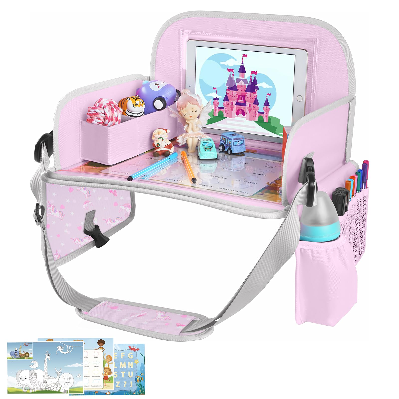 MENZOKE kids travel tray with dry-erase board supports car-ride activities.