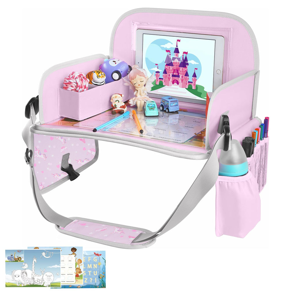 MENZOKE kids travel tray with dry-erase board supports car-ride activities.
