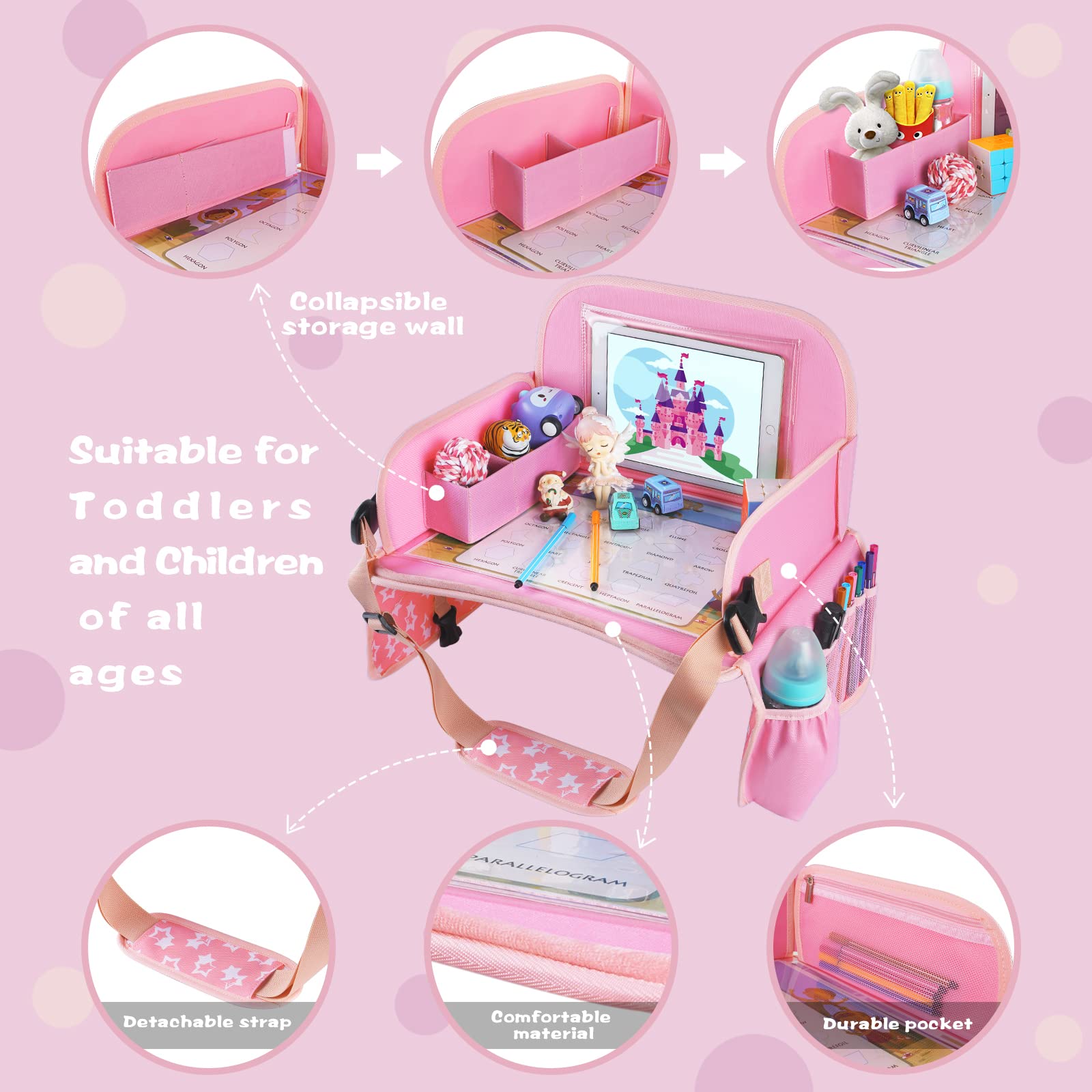 MENZOKE Kids Travel Tray cup holder maintains spills-free beverage access.