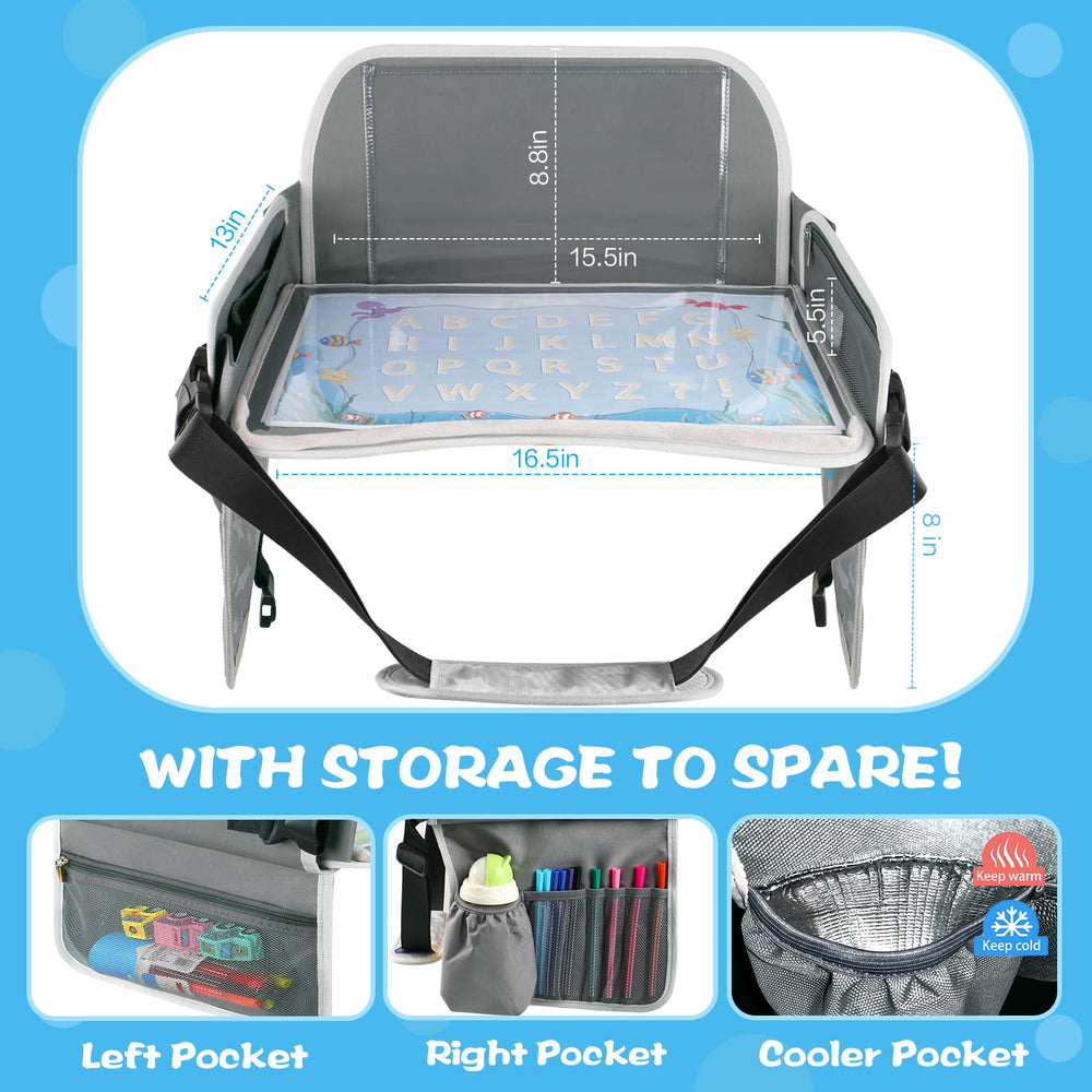 MENZOKE travel tray storage pockets keep snacks and small toys organized.