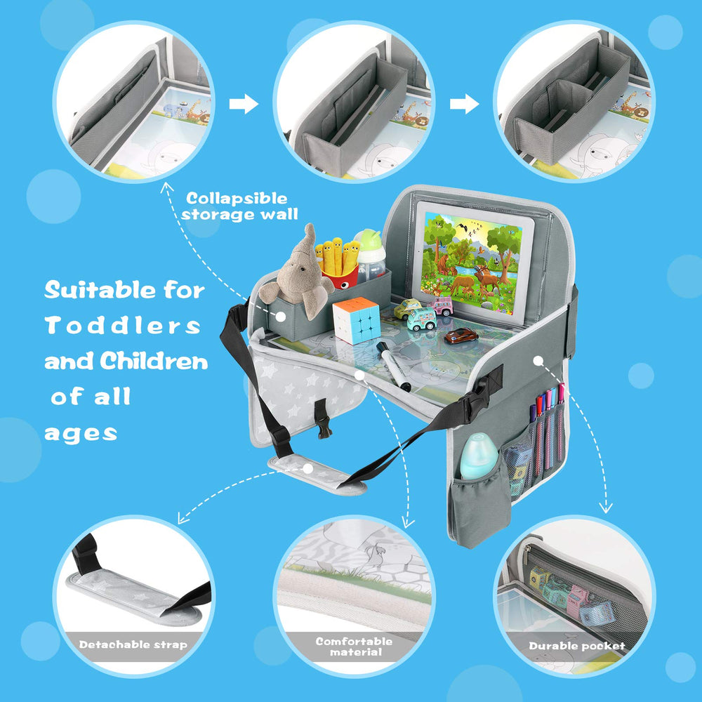 MENZOKE Kids Travel Tray zipper pockets organize crayons and snacks for trips.