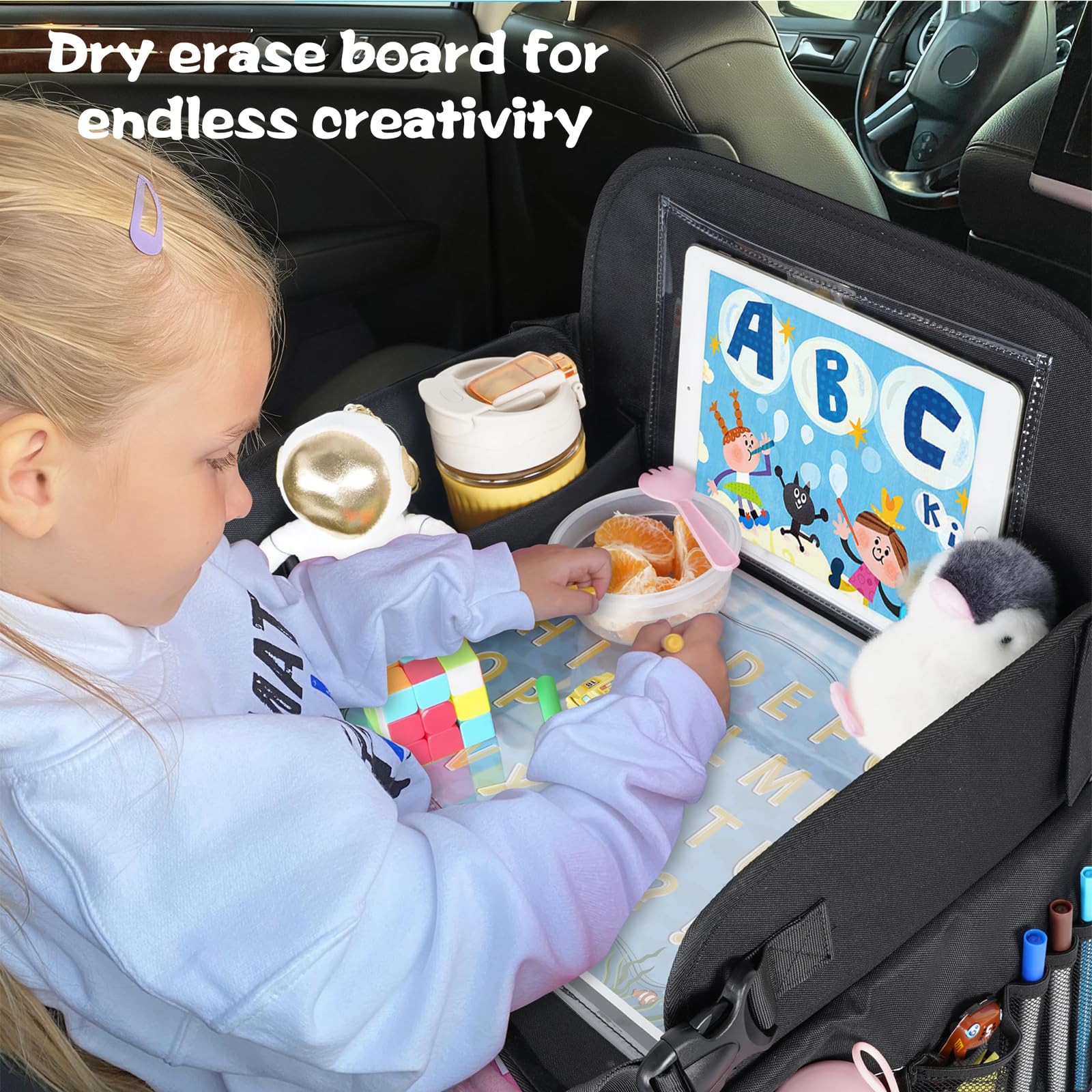 MENZOKE kids travel tray zipper pockets store crayons and small toys for tidy trips.