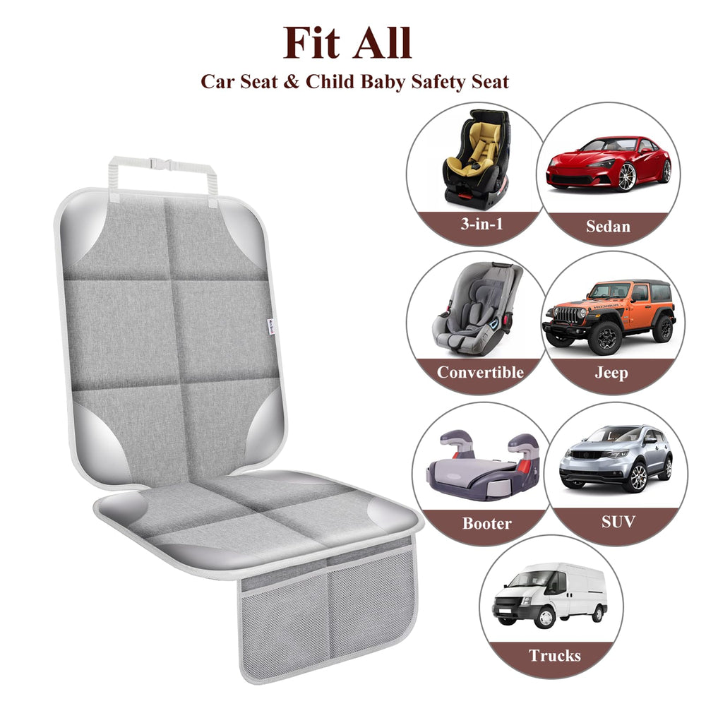 Meolsaek car seat protector shows adjustable headrest straps for easy installation.