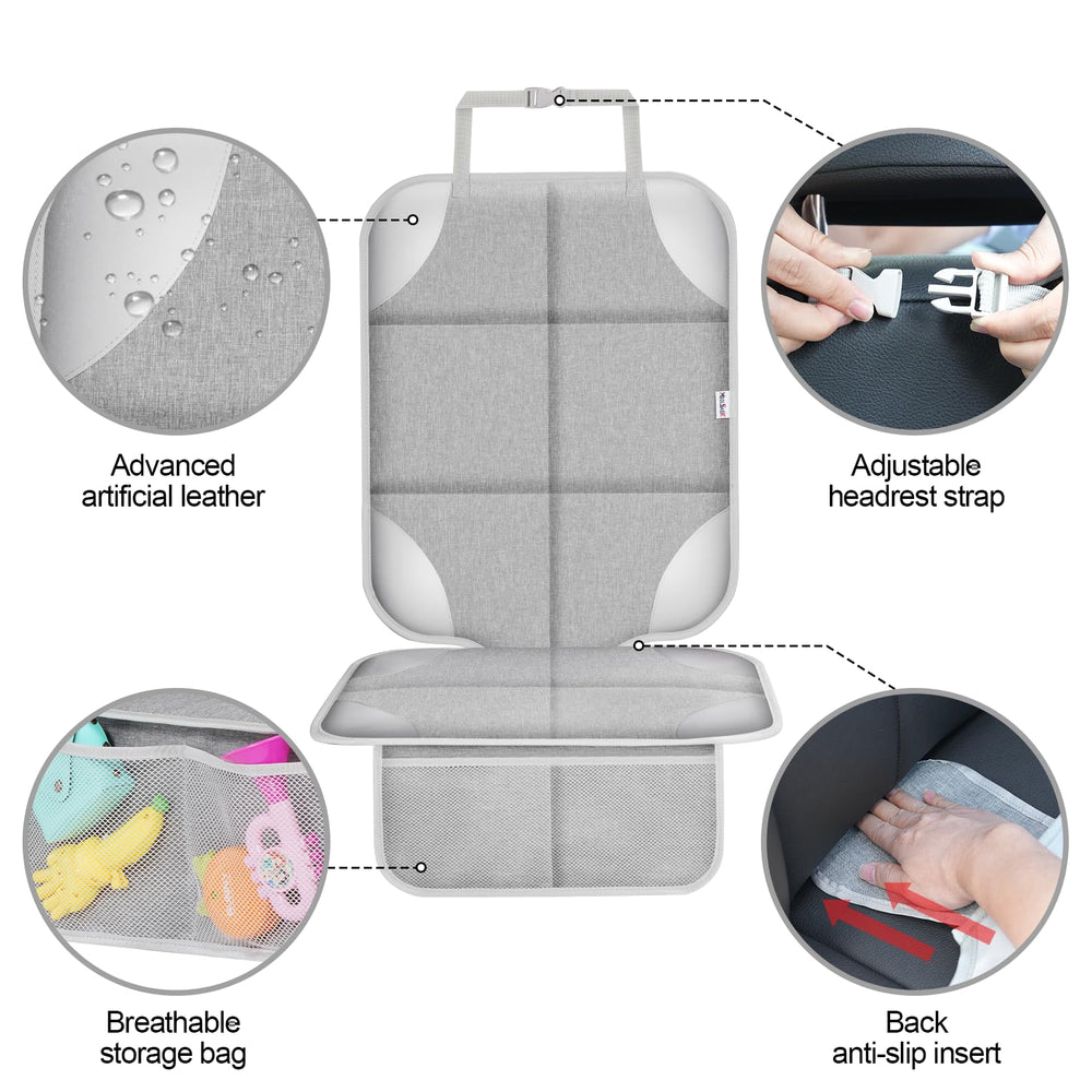 Meolsaek car seat protector features anti-slip backing for a secure fit.