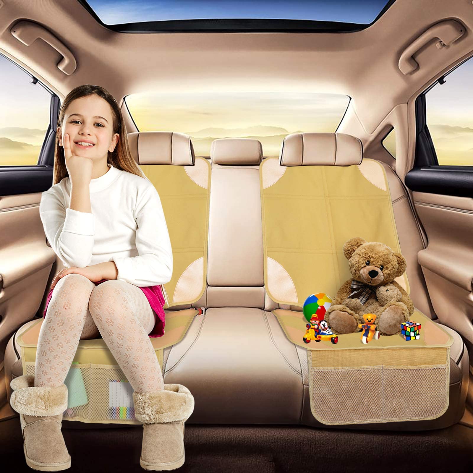 Meolsaek car seat protector ochre pockets show convenient storage for toys and wipes.