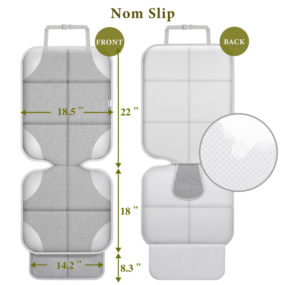 Meolsaek car seat protector highlights PVC corner and foam padding for durability.